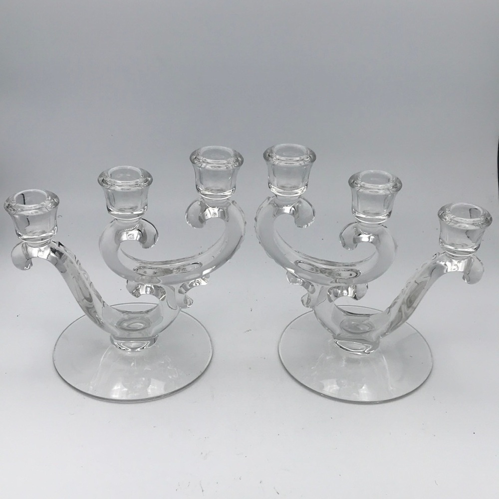 VTG Pair Fostoria‎ Century Crystal 3 Light Candleholders